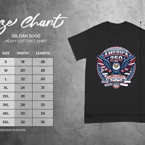 Gildan 5000 size chart with t-shirt graphic and measurements.
