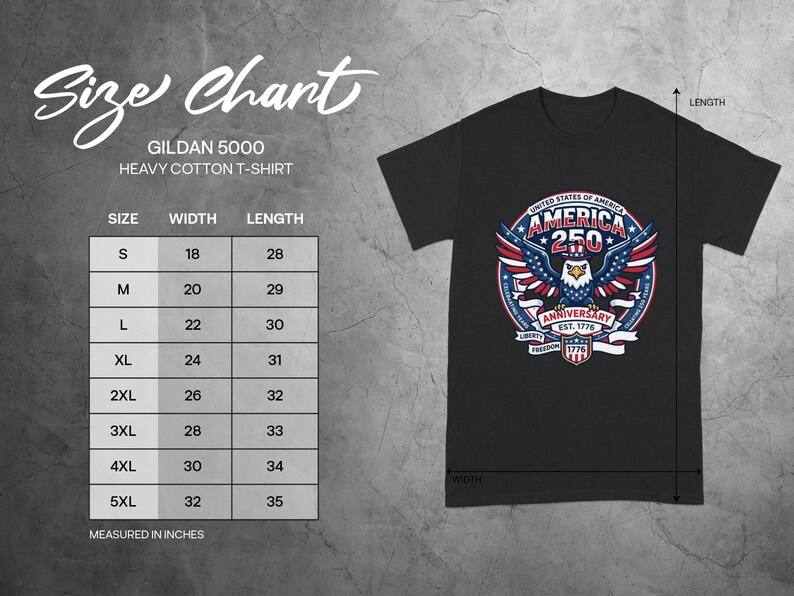 Gildan 5000 size chart with t-shirt graphic and measurements.