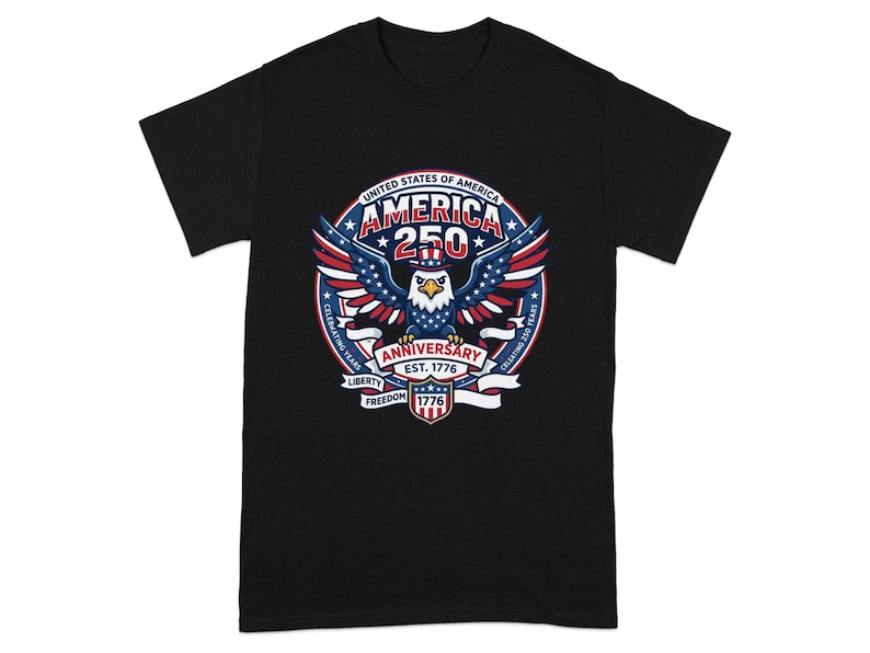 Black t-shirt with "America 250th Anniversary" and patriotic eagle design.