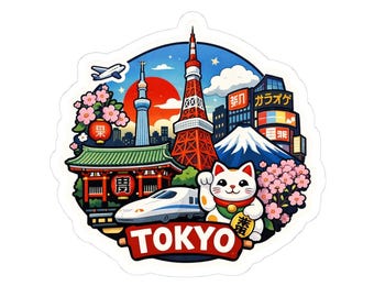 Tokyo Landmark Collage Sticker | Maneki Neko, Tokyo Tower, Mount Fuji
