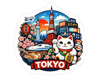 Tokyo Landmark Collage Sticker | Maneki Neko, Tokyo Tower, Mount Fuji chouchin