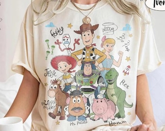 Camiseta de personajes de Toy Story, camiseta de Woody, Buzz Lightyear y Jessie, camiseta vintage de Pixar Disney para vacaciones familiares, regalo para fans de los dibujos animados