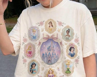 Vintage Disney Princess Portrait Shirt, Fairytale Castle Graphic Tee, Princess Collection T-Shirt, Disney Fan Gift for Women