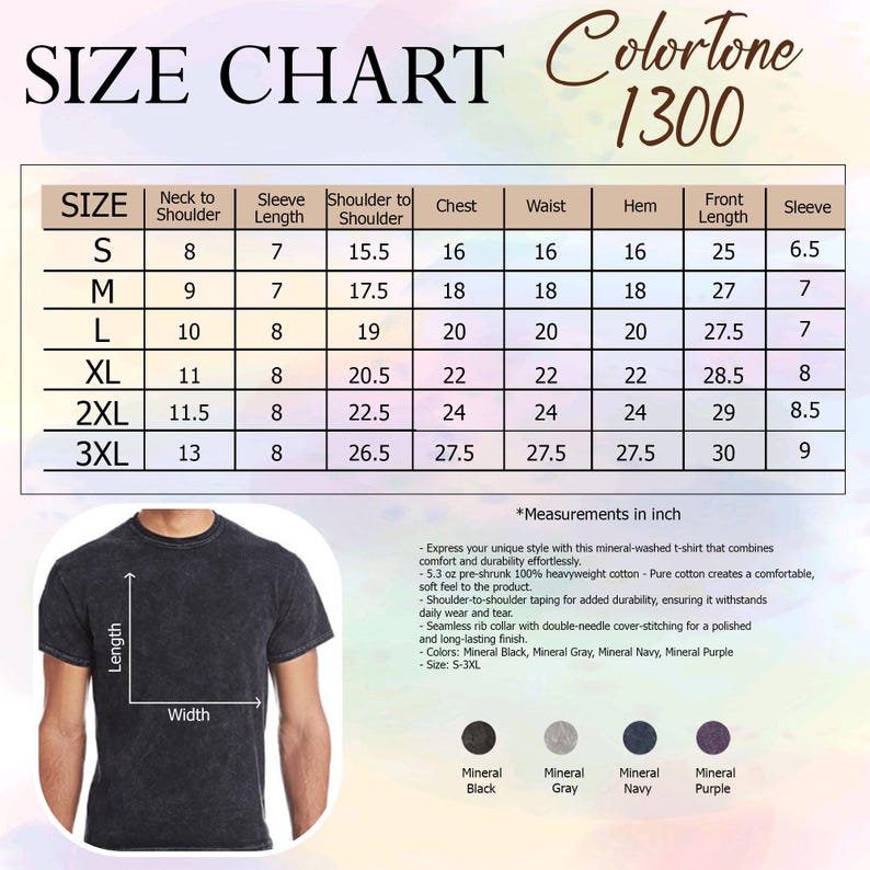 Op de afbeelding: Maattabel voor een mineraal gewassen t-shirt, met afmetingen in inches voor maten S tot 3XL. Inclusief nek tot schouder, mouwlengte, borst, taille en mouw afmetingen. Verkrijgbaar in Mineral Black, Grijs, Marine en Paars.