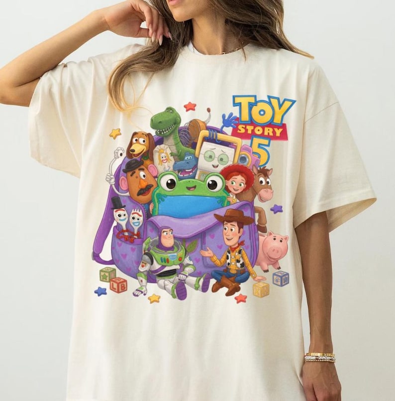 Toy Story 5 Shirt, Toy Story Characters T-Shirt, Buzz Lightyear Woody Rex Hamm Jessie Tee, Disney Family Matching Shirt, Pixar Fan Gift Ivory/Natural/Sand