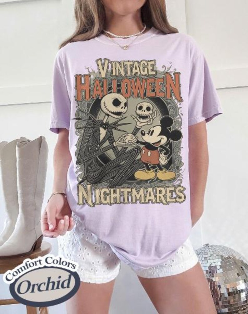 Vintage Halloween Nightmares Shirt, Jack Skellington Mickey Mouse Halloween Tee, Spooky Season Disney Inspired Shirt Orchid ( Comfort )