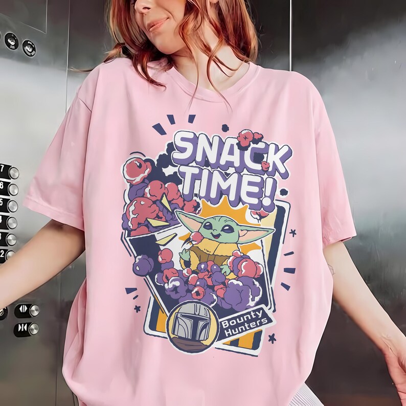 Grogu Snack Time Shirt, Baby Yoda Disney Tee, Bounty Hunters Graphic Shirt, Star Wars Fan Gift, Cute Cartoon Retro T-Shirt Blossom/Light Pink