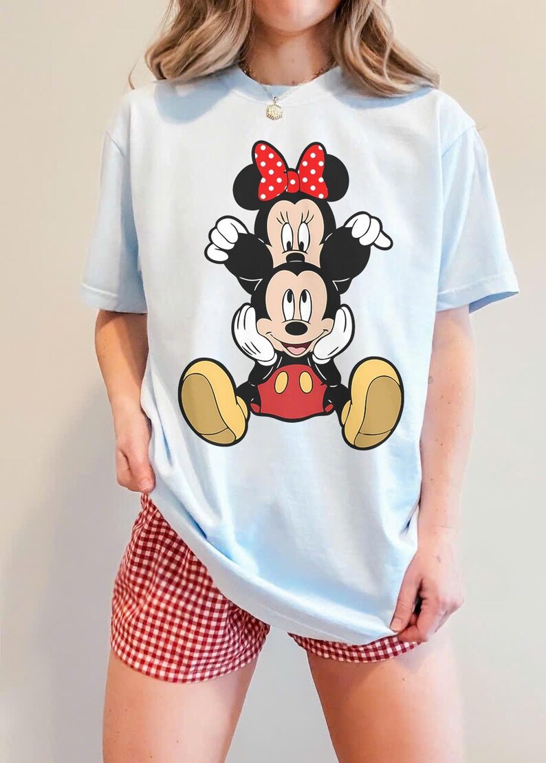 Mickey and Minnie Mouse Shirt, Cute Disney Couple Tee, Classic Mickey Minnie Graphic Tshirt, Oversized Disney Vacation Shirt Chambray/Light Blue