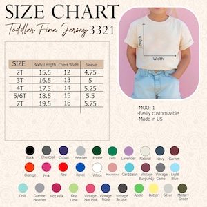 May include: A size chart for toddler fine jersey t-shirts, with measurements in inches for body length, chest width, and sleeve length. Includes a color palette with various options like black, pink, and navy. The chart also shows a child wearing a t-shirt.