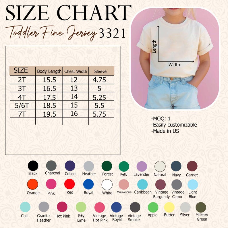 May include: A size chart for toddler fine jersey t-shirts, with measurements in inches for body length, chest width, and sleeve length. Includes a color palette with various options like black, pink, and navy. The chart also shows a child wearing a t-shirt.