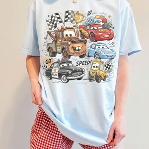 Lightning McQueen Mater Shirt, Disney Pixar Cars Character Tee, Race Car Graphic Shirt, McQueen 95 Cartoon Top, Disney Family Vacation Tee Chambray/Light Blue