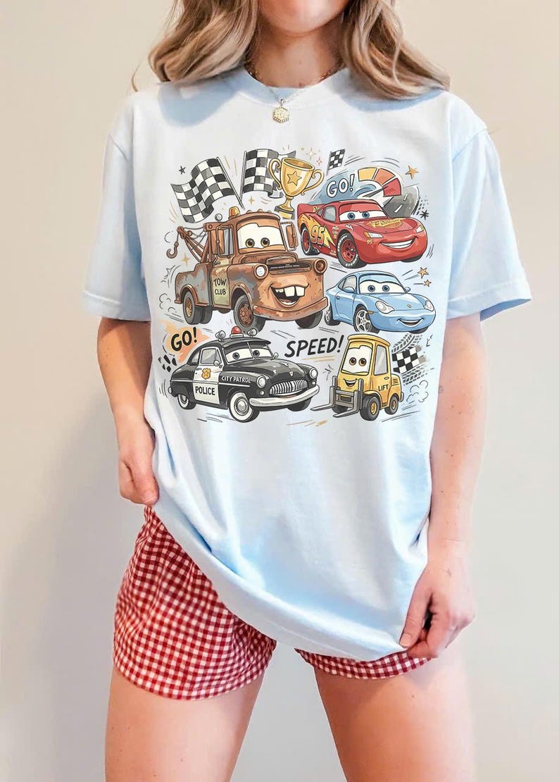 Lightning McQueen Mater Shirt, Disney Pixar Cars Character Tee, Race Car Graphic Shirt, McQueen 95 Cartoon Top, Disney Family Vacation Tee Chambray/Light Blue