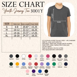 May include: Size chart for a youth jersey tee shirt, featuring measurements in inches for sizes S to XL. Includes a color palette with options like black, white, red, and heather. The shirt is made of soft, breathable cotton.