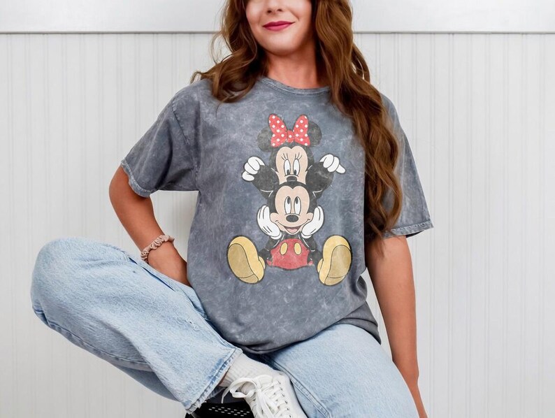 Mickey and Minnie Mouse Shirt, Cute Disney Couple Tee, Classic Mickey Minnie Graphic Tshirt, Oversized Disney Vacation Shirt Mineral Gray