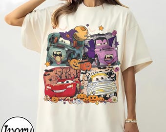 Vintage Halloween Cartoon Cars Tee, Funny Spooky Car Shirt, Cute Pumpkin Halloween T Shirt, Oversized Ivory Graphic Tee for Fall