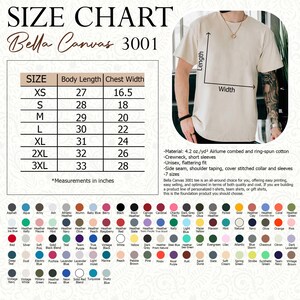 May include: Size chart for Bella Canvas 3001 t-shirts, with measurements in inches. Includes body length and chest width for sizes XS to 3XL. Features color options and product details like material, crewneck, and short sleeves.