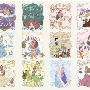 May include: A collection of twelve illustrated Disney princess movie posters. Each poster features a different princess, including Aladdin, Cinderella, The Little Mermaid, Pocahontas, Rapunzel, Moana, Snow White, Mulan, Frozen, and Sleeping Beauty.