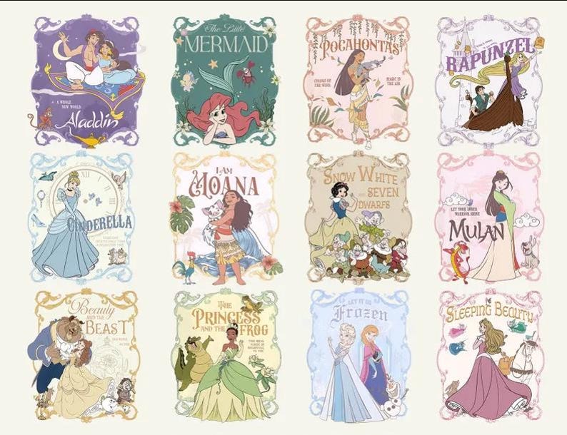 May include: A collection of twelve illustrated Disney princess movie posters. Each poster features a different princess, including Aladdin, Cinderella, The Little Mermaid, Pocahontas, Rapunzel, Moana, Snow White, Mulan, Frozen, and Sleeping Beauty.
