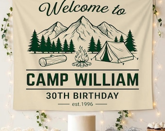Tapiz personalizado para cumpleaños con temática de campamento: pancarta personalizada para fiesta temática de campamento, letrero de campamento