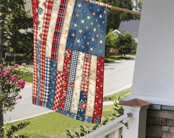 Bandera de jardín estadounidense estilo patchwork: decoración patriótica para el jardín, con un estilo de colcha vintage.
