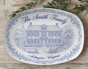 Custom Family Name Platter: Personalized Blue White House Plate, Wedding Housewarming Gift, Decor Only