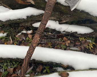 Engraved Viking Axe with Leather Cover | Handmade Norse Axe | Carved Wooden Handle | Nordic Style
