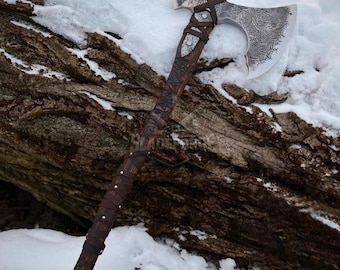 Large Engraved Viking Style Axe - Handcrafted Norse Inspired Axe - Decorative Medieval Collectible - Collector Gift