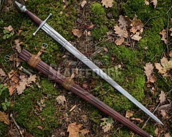 Castillon Arming Sword - Hand Forged Medieval Inspired Long Blade with Leather Wrapped Scabbard