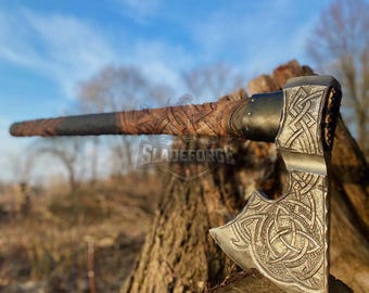 Large Engraved Viking Style Axe - Handcrafted Nordic Design Axe - Medieval Inspired Collector Display Piece