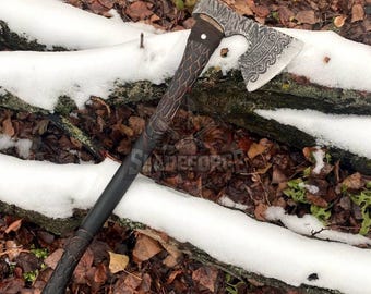 Hand Engraved Viking Axe with Leather Cover | Custom Nordic Style Hatchet | Handmade Bearded Axe