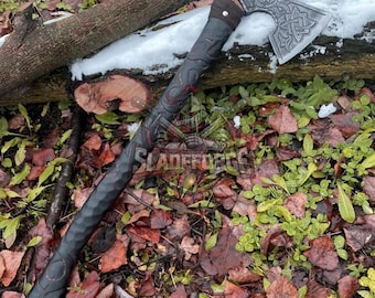 Hand Engraved Viking Axe with Leather Cover | Norse Style Decorative Axe | Handmade Nordic Decor