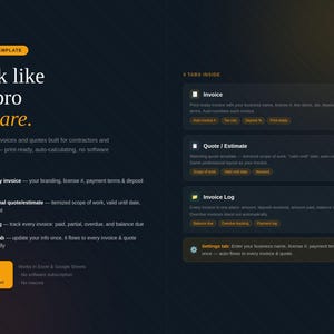 Op de afbeelding: Een donkerblauwe digitale afbeelding met de tekst "Look like the pro you are." en "Excel Template." Het adverteert professionele facturen en offertes voor aannemers. Kenmerken zijn onder meer printklare facturen, offerte-ramingen en factuurlogboeken.