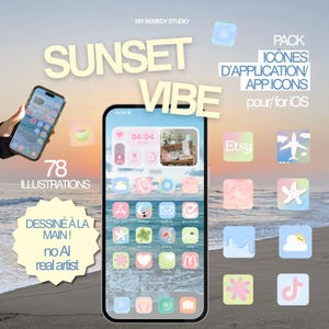 Peut inclure: Un affichage de produit numérique montrant un écran de smartphone avec une interface personnalisée sur le thème du coucher de soleil, 78 icônes d'applications dessinées à la main et des widgets. Le texte indique SUNSET VIBE, MY REMEDY STUDIO, 78 ILLUSTRATIONS.
