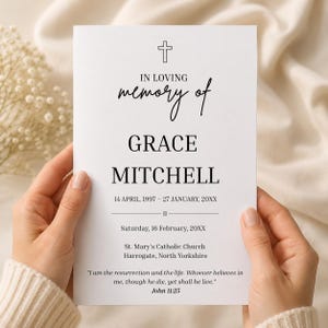 May include: A white funeral program card featuring a black cross icon and the text IN LOVING memory of GRACE MITCHELL, 14 APRIL, 1997 – 27 JANUARY, 20XX, Saturday, 16 February, 20XX, St. Mary's Catholic Church, Harrogate, North Yorkshire, John 11:25.