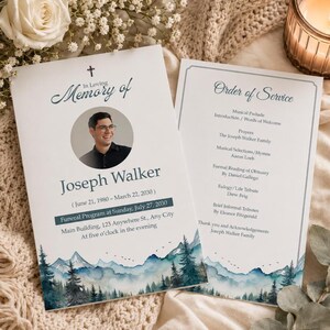 May include: Funeral program with a photo of Joseph Walker, featuring a mountain and tree watercolour design. The program includes the date of birth and death, service details, and an order of service.