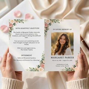 May include: A folded funeral programme card featuring a floral border of pink and cream roses with green leaves. The left side displays text expressing gratitude, while the right side shows a photograph of Margaret Parker with her name and dates.