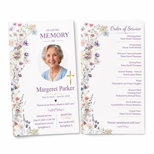 May include: A funeral program featuring a floral border with purple, pink, and blue wildflowers. The front displays a photo of an older person, the text IN LOVING MEMORY OF Margeret Parker, dates, and service details. The back lists the Order of Service.
