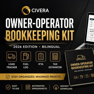 May include: Black and gold Owner-Operator Bookkeeping Kit, 2026 Edition, with a laptop displaying financial data. Includes load tracker, fuel log, IFTA, and tax estimator. Bilingual, with the text "Stay Organized. Maximize Profits."