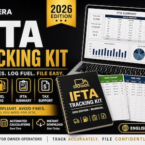 Könnte beinhalten: Schwarzes und goldenes IFTA-Tracking-Kit mit einem Laptop, der Daten anzeigt, und gedruckten Formularen. Das Kit enthält ein Notizbuch und Formulare für Meilen, Kraftstoff und IFTA-Zusammenfassung. Der Text lautet "Kilometer erfassen. Kraftstoff protokollieren. Einfach archivieren."