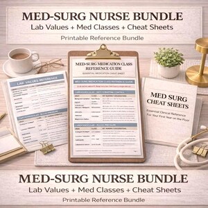 Medicinsk kirurgisk omvårdnadspaket, fusklapp för labvärden, guide till medicineringsklassen, arbetsbok för omvårdnad