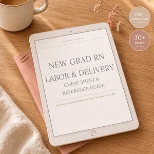 May include: A digital tablet displaying a document titled New Grad RN Labor & Delivery Cheat Sheet & Reference Guide. The screen includes the text NURSENERDSTUDIO and Essential Clinical Reference for Your First Year in in L&D. The tablet is white.