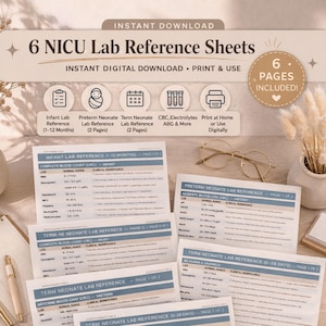 May include: A stack of six NICU lab reference sheets with the text "Instant Download." The sheets include information on infant, preterm neonate, and term neonate lab references. The image also includes a pair of glasses and a pen.