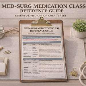 Op de afbeelding: Een houten klembord met een "MED-SURG MEDICATION CLASS REFERENCE GUIDE"-blad, een kopje koffie, een bril, een pen, paperclips, een kleine plant en een stethoscoop op een licht oppervlak. De tekst "ESSENTIAL MEDICATION CHEAT SHEET" is ook zichtbaar.