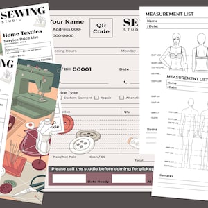 May include: A collection of sewing studio documents, including service price lists for home textiles and garments, measurement lists, and a customer bill. The documents feature illustrations of sewing machines and fashion figures.