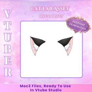 May include: A digital asset for a VTuber, featuring stylized cat ears. The ears are black with pink inner details and white fur-like accents. The image includes text that reads "CAT EAR ASSET" and "INSTANT DOWNLOAD."