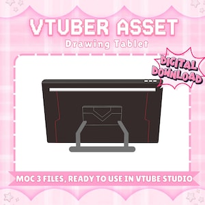 May include: A digital drawing tablet asset for VTubers. The black tablet has a stand and red accents. The image includes the text "VTUBER ASSET," "Drawing Tablet," "DIGITAL DOWNLOAD," and "MOC 3 FILES, READY TO USE IN VTUBE STUDIO."