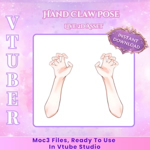 May include: Digital asset for VTuber use, featuring a pair of stylized hands in a claw pose. The image has a purple and white color scheme with the text "HAND CLAW POSE" and "LIVE 2D ASSET". Includes "INSTANT DOWNLOAD" and "VTUBER" text. The asset is ready to use in Vtube Studio.