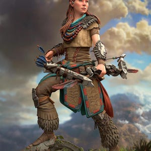 May include: A detailed figurine of a female character from the video game Horizon Zero Dawn. She is posed with a bow and arrow, wearing a brown and teal outfit with intricate details. The figure stands on a rocky base against a cloudy sky.