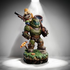 May include: A collectible figurine featuring a green armored soldier carrying a large bug net, with a small yellow dog character wearing sunglasses and a green plaid shirt perched on the soldier's shoulder, holding a shotgun and a cigar.