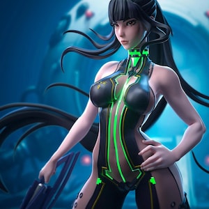 May include: A digital art rendering of a female character in a futuristic black and green bodysuit. The character has long black hair and is holding a futuristic weapon. The background is a blurred blue and white sci-fi setting.